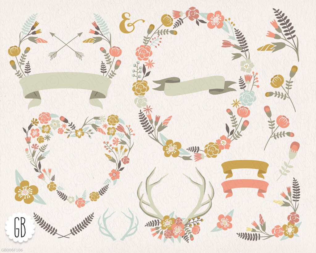 Floral Wreaths Heart Antlers Pastel Color Clip Art Vector Laurels Borders Flower Wreath Shabby Chic Retro Arrows Shaped Floral Wreaths Heart Antlers Pastel Color Clip Art Vector Laurels Borders Flower Wreath Shabby Chic Retro Arrows Shaped