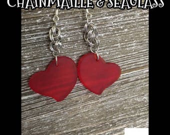 Eco-friendly Handcrafted Dangle Earrings for Women: Translucent Red Cultured Sea Glass Hearts