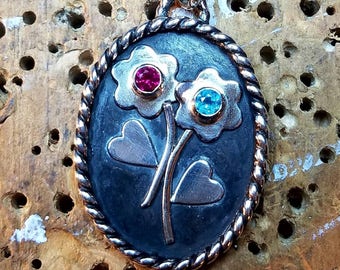 Two Birthstone Bouquet Pendant in Sterling Silver with 18" Chain