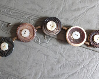Stacked mother of pearl button bracelet, shell, vintage, victorian, assemblage, statement, carved oldnouveau smokey, repurposed, up cycled