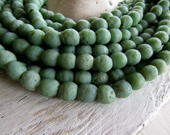 Round lampwork glass beads, rustic green no2 , opaque matte mild gritty textured aged look indonesian 9 to 10mm (12 bead)7ak1-4