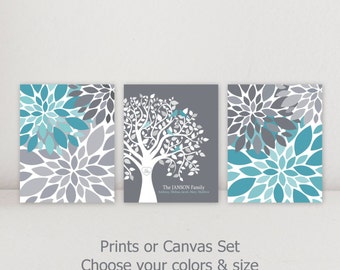Family Tree Personalized Wall Decor Art Set Flower Burst Home Decor Turquoise Teal Gray White CUSTOM Anniversary Gift Prints OR Canvas