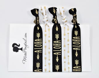 Aloha Hair Ties, Gold Foil, Black, Gold Arrows, Handmade Elastic Hair Ties, Elastic Ribbon, Ponytail Holder, Knotted Hair Ties, MissPonytail