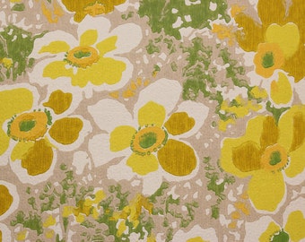 1970s Vintage Wallpaper Retro Yellow and White Flowers on Beige by the Yard