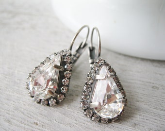 Crystal Halo Teardrop Earrings Rustic Wedding Jewelry Bridesmaid Earrings Vintage Style Antique Silver Swarovski Elements Clear