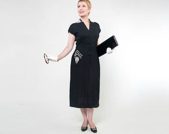 50s Black Linen-like Sheath Dress with White Beaded Details - D.R.A. Original M