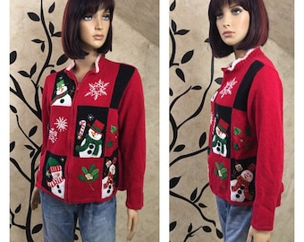 Snowman sweater, Zip up sweater, Size large sweater, Red sweater, Christmas sweater, Holiday sweater, Winter sweater