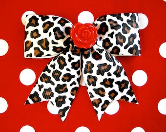 Psycho Red Rose White Leopard Hair Bow - Psychobilly - Retro - Rockabilly - 50s
