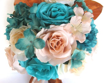 Wedding Bouquet 17 Piece Package Bridal Silk flower Bouquets AQUA TURQUOISE PEACH Copper Wedding decoration Centerpiece "RosesandDreams"