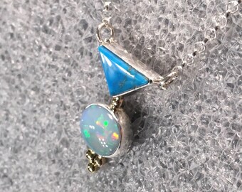 Battle Mountain Blue Gem Turquoise Natural High Grade Intense Blue Welo Ethiopian Opal Cab Drop Pendant 18k Gold Sterling Silver Necklace