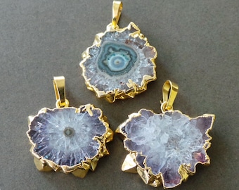 Amethyst Agate Stalactite Druzy Slice 22k Gold Dipped Pendant A