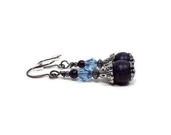 Blue Purple Earrings, Drop Earrings, Gunmetal Plated, Lever Back Hook, Vintage Style, Dangle Beaded