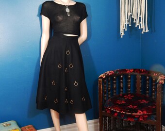 Vintage 1950's Black Felt Circle Skirt | Poodle Skirt | Gold Hoop Detail