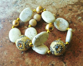 Ivory Beaded Bracelets, White Howlite Bracelet Set, Jewelry Set, Natural Stone Jewelry