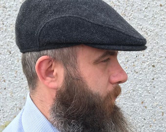 Traditional Irish flat cap-FREE WORLDWIDE SHIPPING-Irish Tweed-100% wool-charcoal -with ear flaps - ready for shipping - Handmade in Ireland