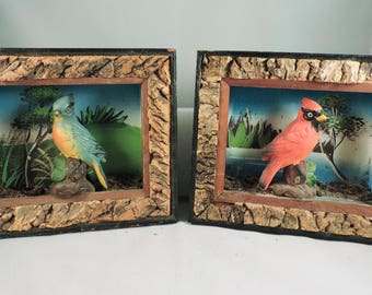 Vintage Davar Framed Bird Art, carved, shadowbox, made in Japan, 1950s, figurine, set of two