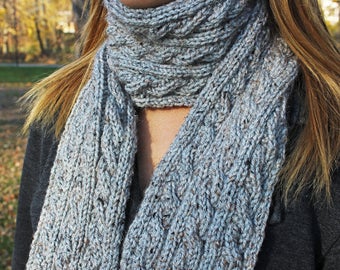 Light Gray Heather Chunky Knit Cable Scarf - Grey Vegan Scarf for Fall and Winter - Boho Warm Classic Hipster - Womens Gift - Gift for Her