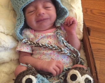 Light Blue and Brown Crochet Owl Hat W/Leg Warmers