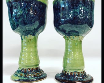 Blue Green Goblets, Ornate renaissance chalice, handmade, stoneware, pottery, wine glass, mead glass, unique, textured goblets, toasting
