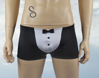 Mens Wedding Groom or Formal Tuxedo Shorts with Clip On Tie Underwear
