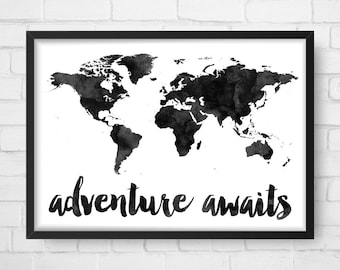Adventure Awaits Map, Travel quote, World Map, Watercolor Map, Map Poster, Wanderlust, Map Art, Map Print, Wanderlust, Nursery Wall Art