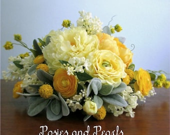 Yellow, Silver Grey, and Ivory Cascading Silk Flower Bridal Bouquet, Boutonniere, Peonies, Ranunculus, Lilacs, Billy Button, "Lively"