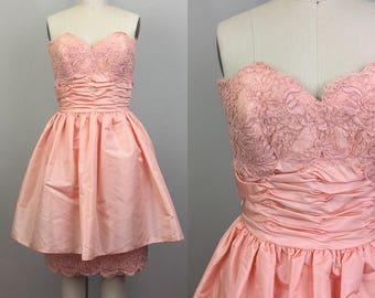 Vintage 80s VICTOR COSTA Peach Strapless Lace Party Dress S