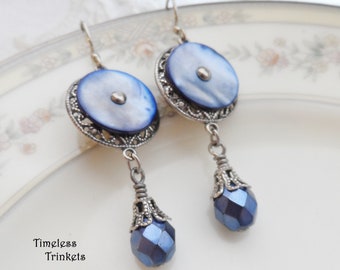 Antique Mother of Pearl Button Earrings, Blue Skies, Czech Glass Beads