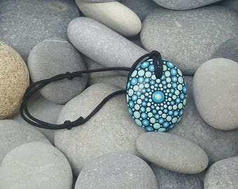 Turquoise Mandala Stone Necklace - Paint Rock - Mandala Rock - Dot Art - Mandala Art - Hand-painted Necklace - Chakra - Healing