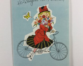 Art Deco Bike Riding Pretty Lady Vintage 1940s Unused Art Guild Happy Birthday Greeting Card