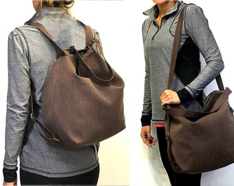 Sale!! Canvas backpack messenger bag women convertible Hobo backpack purse brown crossbody bag Hobo handbag Handmade non leather bag