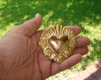 Heart Charm Milagro Large Sacred Flamingt Deco Ex voto Nicho Style Gold Tone