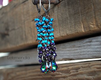 Color Block Cluster Earrings Sterling Silver Long Earrings by Letemendia Jewelry Handmade Boho