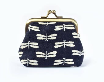 Kiss Lock Coin Purse Dragonfly Indigo Metal Frame Clasp Purse- Small Kisslock Coin Purse- Traditional Japanese- Gamaguchi- Gift for Women