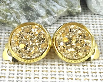 Gold Druzy Clip On Earrings - Druzy - Clip On Earrings - Gold Earrings - Non Pierced Ears - Gold Clip Ons - Druzy Clip Ons -Gold Jewelry -