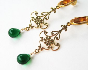 Green and Gold Clip-on Earrings, Emerald Glass Drop Dangle Clipons, Gold Ear Clips, Lightweight Non Pierced Earrings, Maryanne Green Gold
