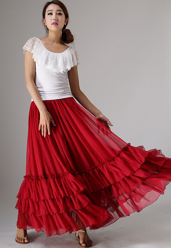 Maxi skirt red chiffon skirt women long skirt with tiered hem