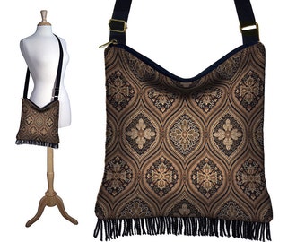 Bohemian Gypsy Fringe Purse, Cross Body Hobo Bag , Sling Crossbody Bag, Boho Tapestry Handbag, black brown RTS