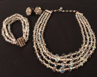 Antique Authentic Clear Aurora borealis Crystal 3 piece set
