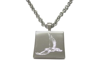Silver Toned Etched Hawk Bird Pendant Necklace