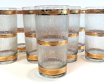 Culver Icicle Pattern Highball Glasses Tumblers Mid Century Drink Set of Eight Tear Drop Pattern Bamboo Pattern Vintage Rare