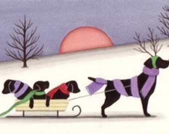 12 Christmas cards: Black Labrador (black lab) family goes for sled ride / Lynch folk art