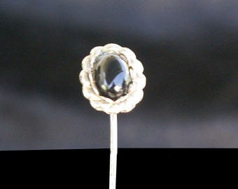 Handmade Black Onyx Oval Stone Stick Pin in Sterling Silver Setting.