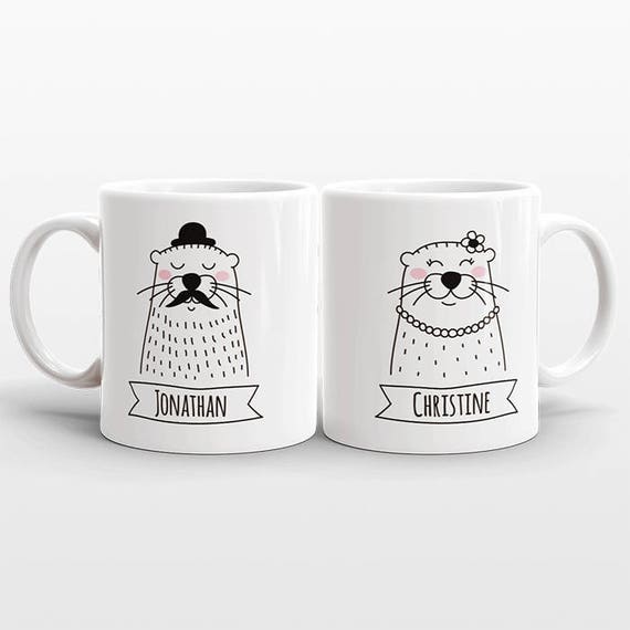 Set of 2 CUSTOM Mugs, Name Mugs, Otter Couple Mugs, Anniversary Gift for Men Boyfriend Gift, Personalized Wedding Gift Set, Cute Coffee Mugs
