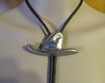 Vintage Silver Metal and Faux Turquoise Cowboy Hat Bolo Tie