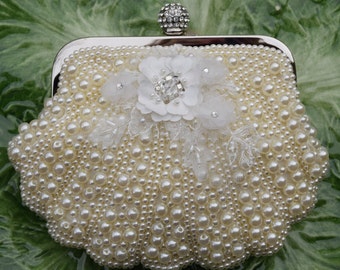 Ivory Bridal Clutch, Pearl Wedding Purse, Ivory Evening Bag, Beach Wedding Bag