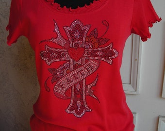 Ruffled, Lettuce Edge Neckline and Sleeves Faith Cross T Shirt
