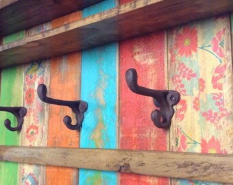FREE SHIPPING / Entryway Wood Wall Shelf with Hooks / Rustic Rainbow Coat Rack / Reclaimed Wood Shelves / Cast Iron Coat Hooks / Bohemian De