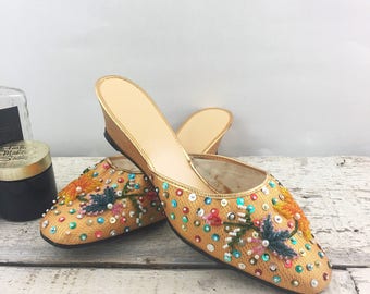 Beautiful Vintage Gold Beaded and Sequined Wedge Slip Ons