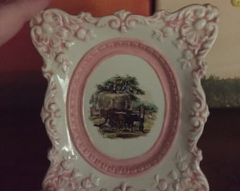 Vintage Porcelain Hand Painted Carriage Picture Pink